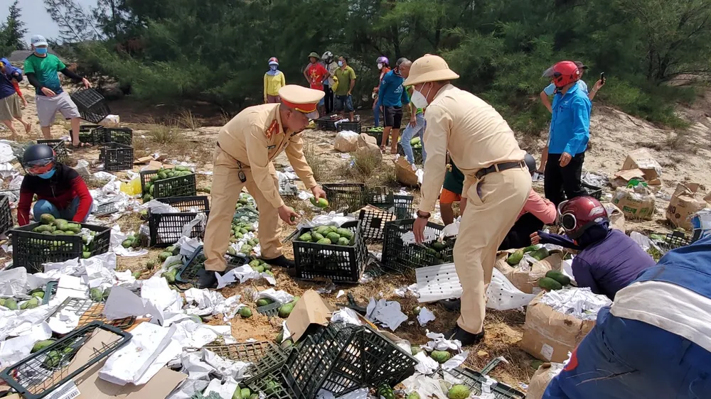 Quảng Bình: Xe chở 33 tấn xoài bị lật, người dân thu gom giúp tài xế ảnh 1