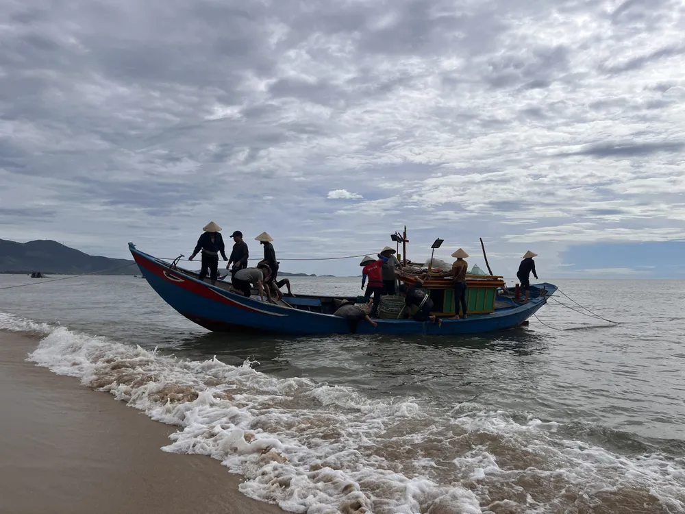 Thuyền đánh cá cơm cập bờ bãi ngang