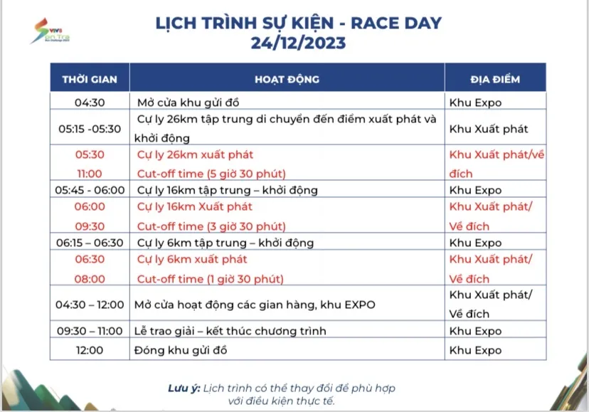 Lịch trình sự kiện