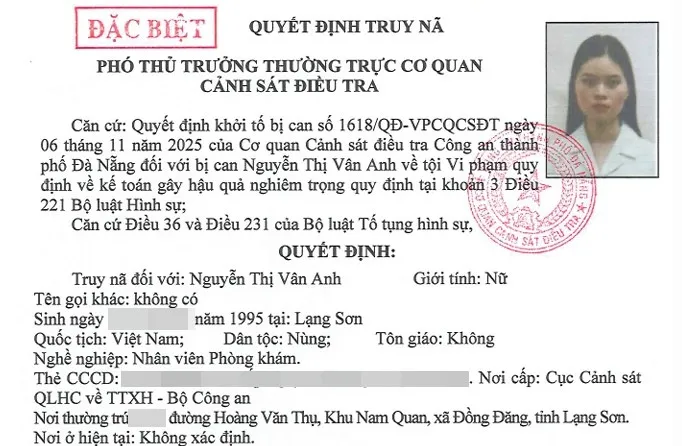 Cơ quan Cảnh sát điều tra Công an TP Đà Nẵng cũng ra quyết định truy nã “đặc biệt” đối với Nguyễn Thị Vân Anh. Ảnh: CACC