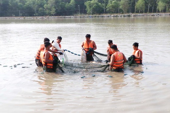 271團的戰士們正在捕魚，作為飯餐的食材。