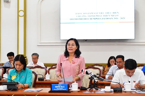 市人民議會主席阮氏麗在監察會議上致詞。