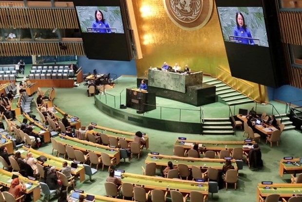 越南国家副主席武氏映春在2024年联合国妇女地位委员会第68届会议发表讲话。图自越通社