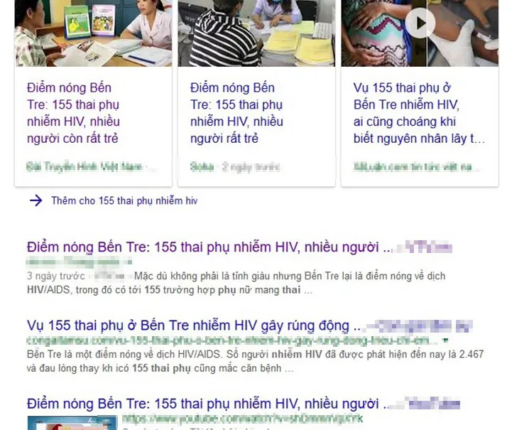 Thông tin "Điểm nóng Bến Tre: 155 thai phụ nhiễm HIV" xuất hiện trên nhiều tờ báo và trang tin mạng