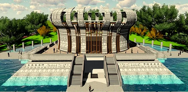 Phối cảnh công trình chính Đền thờ các Vua Hùng tại Cần Thơ được thiết kế theo hình trống đồng. Ảnh:  TUẤN QUANG