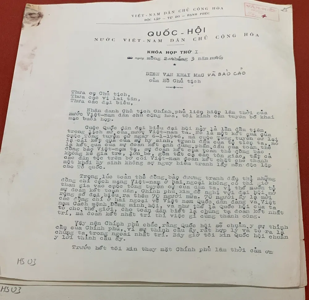 Diễn văn khai mạc và báo cáo tại kỳ họp thứ nhất của Quốc hội khóa I nước Việt Nam Dân chủ Cộng hòa được Chủ tịch Hồ Chí Minh đọc sáng ngày 2-3-1946 (văn bản được lưu trữ tại Trung tâm Lưu trữ quốc gia 3).jpg
