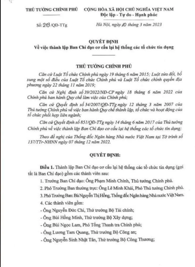 Thủ tướng Phạm Minh Chính ban hành Quyết định 213/QĐ-TTg thành lập Ban Chỉ đạo cơ cấu lại hệ thống các tổ chức tín dụng do đích thân Thủ tướng làm trưởng ban