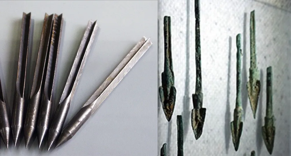 Mũi tên đồng khai quật được tại di chỉ khảo cổ thành Cổ Loa (bên phả) có nhiều nét tương đồng với những mũi tên sắt được sử dụng trong Thế chiến I. Ảnh: Hà Anh
