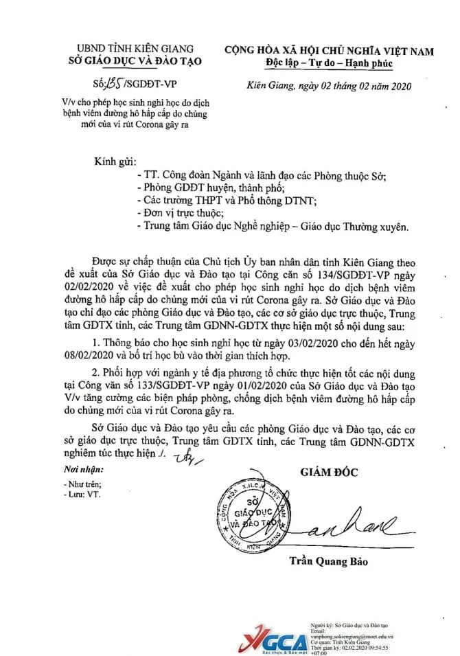 Kiên Giang: Cho học sinh nghỉ học do ảnh hưởng dịch Corona ảnh 1