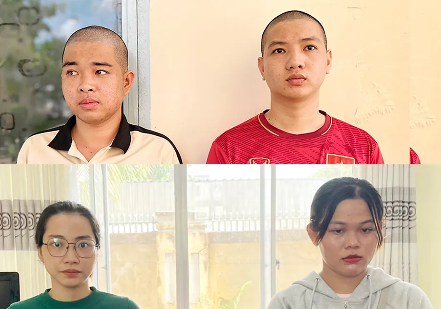 4 bị can Tú, Thái, Thi, Tiên (trái qua, trên xuống) tại cơ quan điều tra. Ảnh: CTV