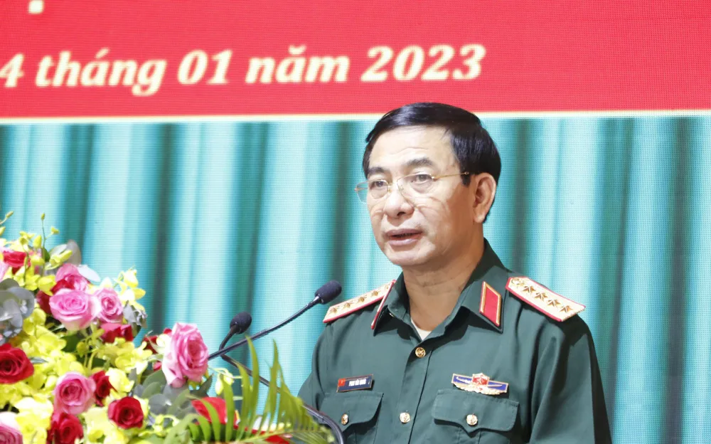 Đại tướng Phan Văn Giang phát biểu tại buổi gặp mặt. Ảnh: NGÔ BÌNH
