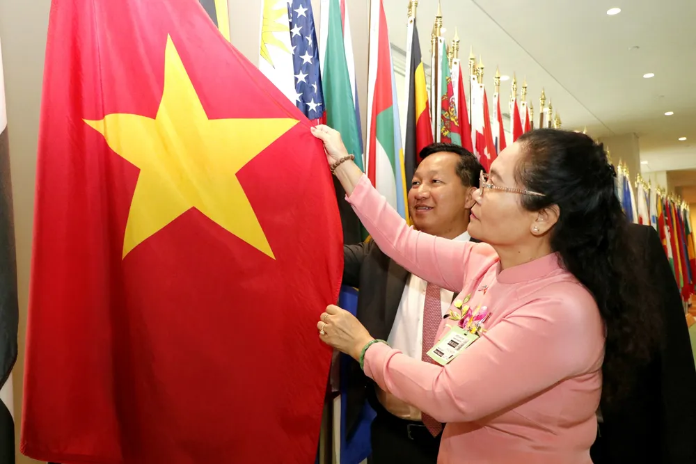 Đồng chí Nguyễn Thị Lệ chiêm ngưỡng Quốc kỳ Việt Nam tại Liên Hợp Quốc. Ảnh: NGÔ BÌNH