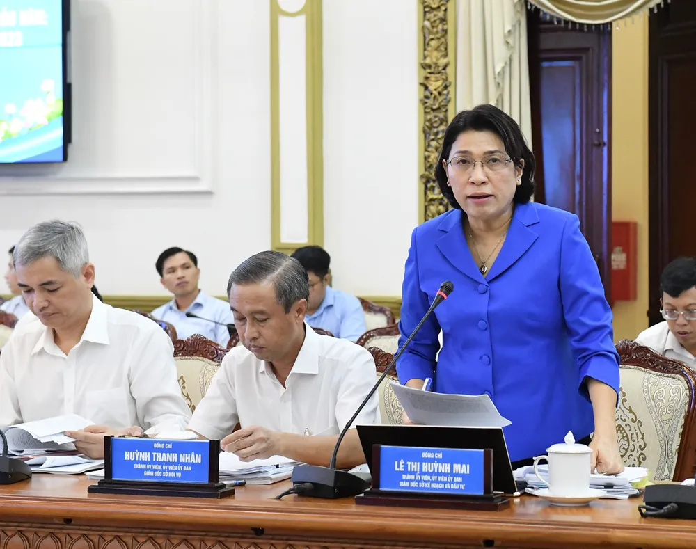 Giám đốc Sở KH-ĐT Lê Thị Huỳnh Mai báo cáo tại phiên họp. Ảnh: VIỆT DŨNG