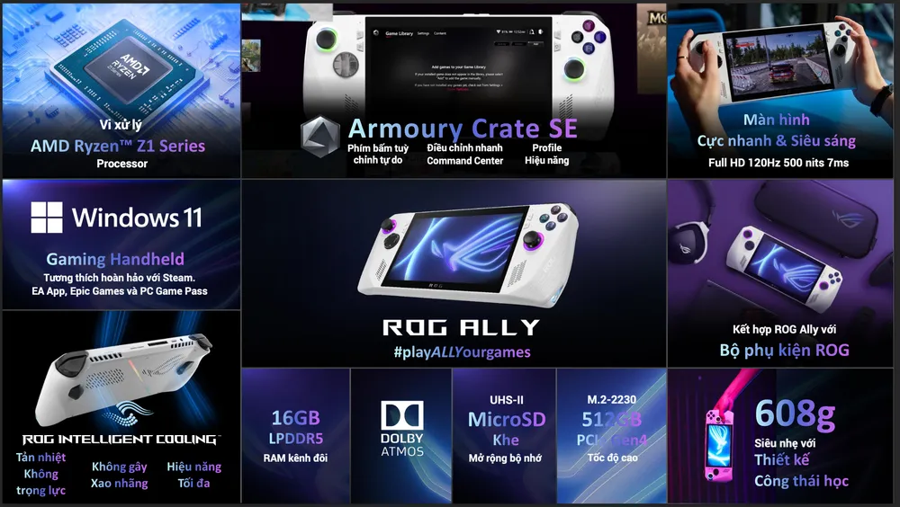 Ngoài hiệu năng đỉnh cao và hệ thống tản nhiệt toàn diện, ROG Ally còn sở hữu màn hình tuyệt đẹp với độ phân giải Full HD 120Hz, hỗ trợ công nghệ chống xé hình FreeSync™ Premium, cho trải nghiệm chơi game không giật lag