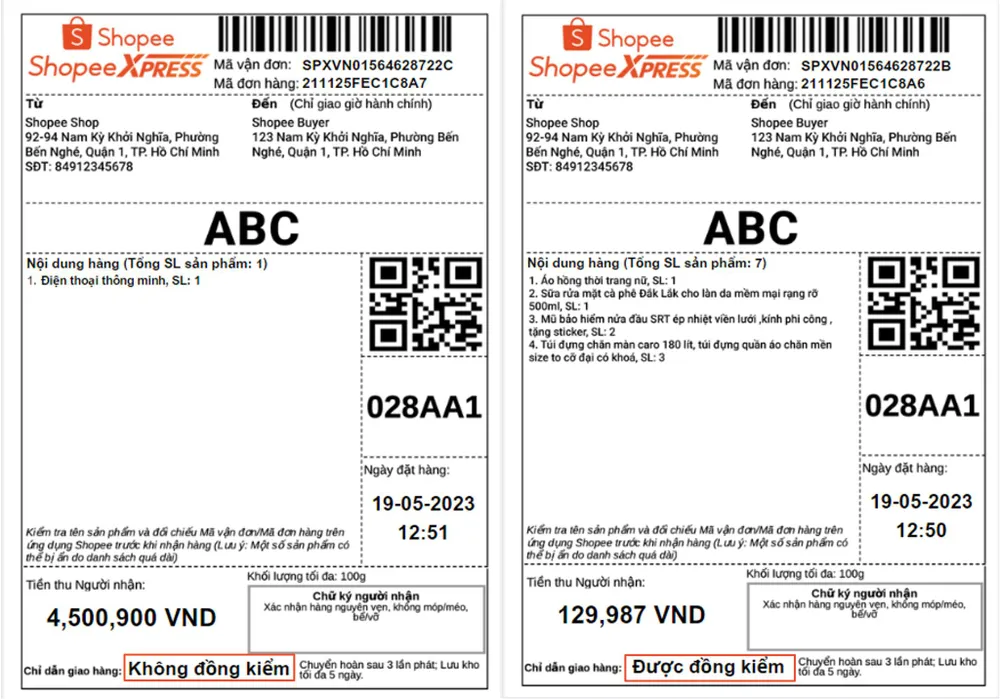 Đơn hàng đồng kiểm sẽ có ghi chú “Được đồng kiểm" tại phần chỉ dẫn giao hàng