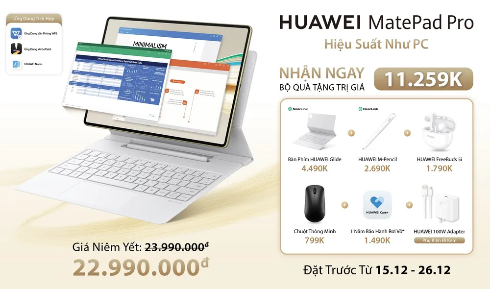 Khi đặt mua trước từ 15-26_12, người dùng sẽ nhận được ưu đãi giảm giá và bộ quà tặng trị giá 11.259.000 đồng bao gồm bàn phím HUAWEI Glide.jpg