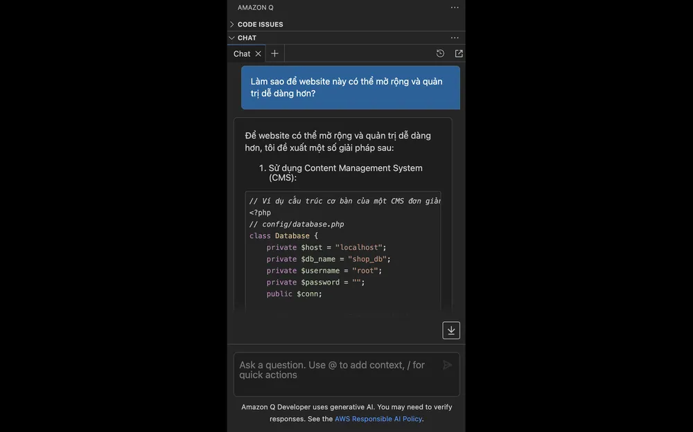 Ngôn ngữ tiếng Việt trên Amazon Q Developer.