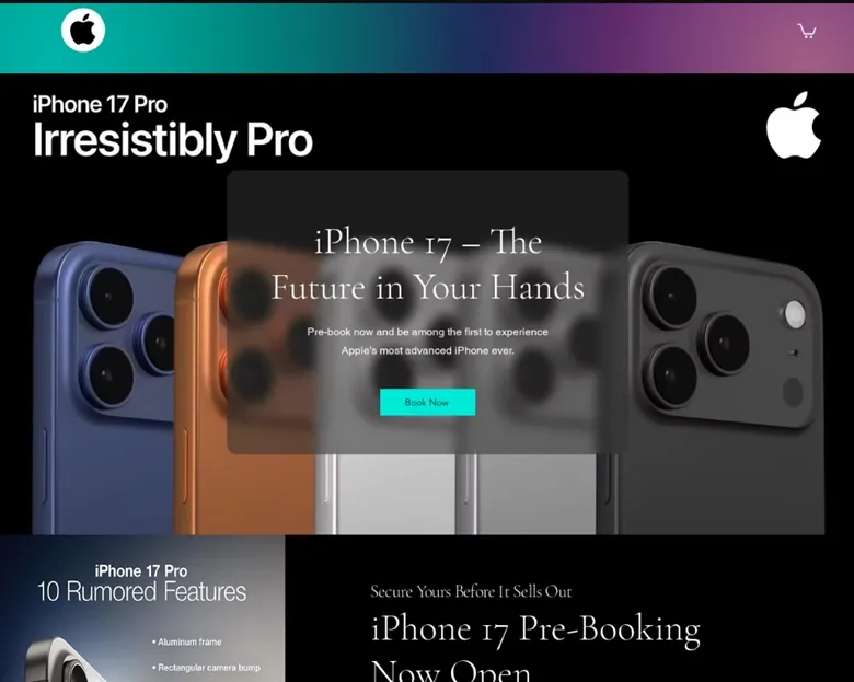 Một trang web lừa đảo giả mạo trang web chính thức của Apple với nút “Đặt hàng ngay” dẫn đến biểu mẫu thu thập dữ liệu tài chính người dùng