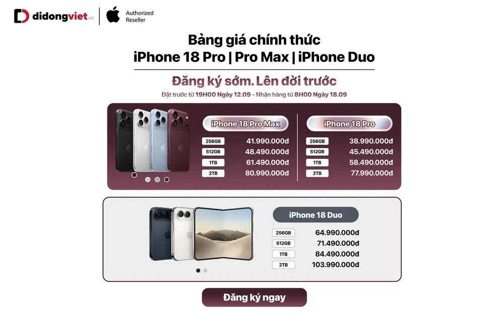 Di Động Việt công bố giá iPhone 18 Seriesngay sau khi Apple giới thiệu thế hệ mới.