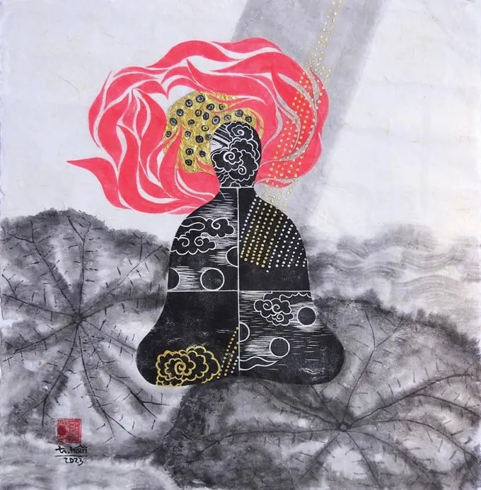 Tác phẩm "Mưa" (khắc gỗ màu nước)