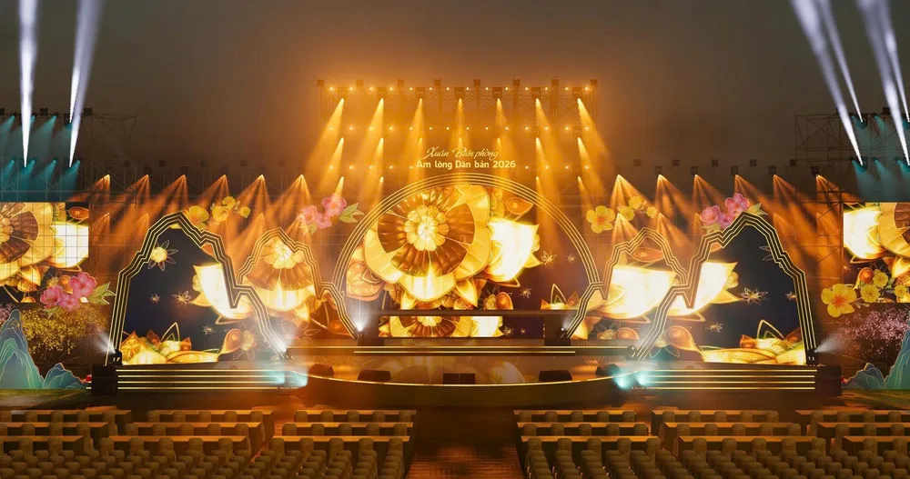 Phối cảnh sân khấu của chương trình “Xuân Biên phòng ấm lòng dân bản” năm 2026