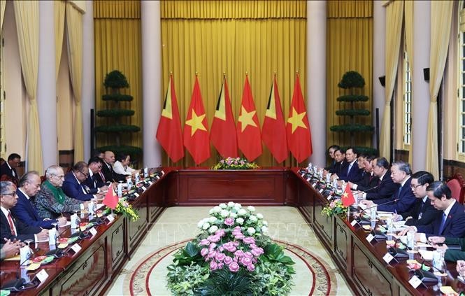 越南国家主席苏林与东帝汶总统若泽·拉莫斯·奥尔塔举行会谈。图自越通社