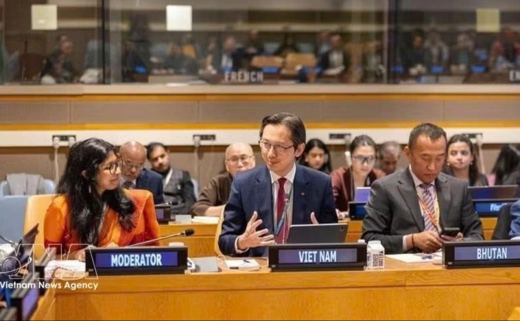 越南常驻联合国团团长杜雄越大使（中）在座谈会上发言。