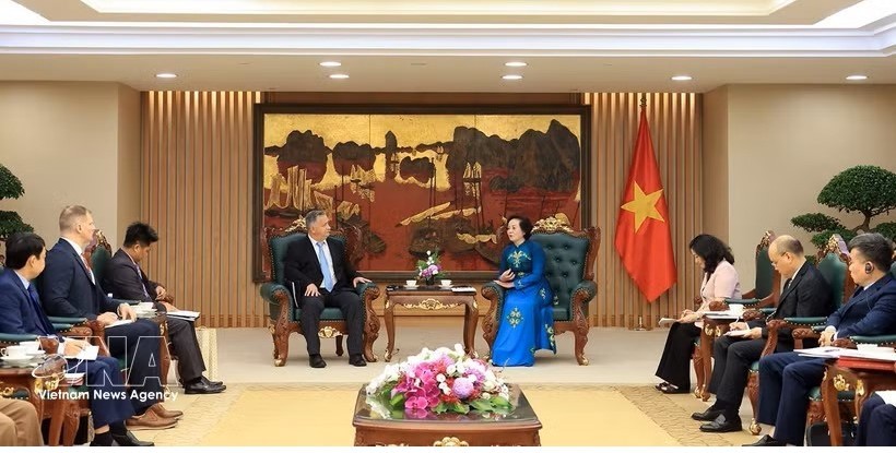 越南政府副总理范氏清茶会见由史蒂芬·马克斯纳博士率领的正在访问越南的山姆·约翰逊中心代表团。图：越通社