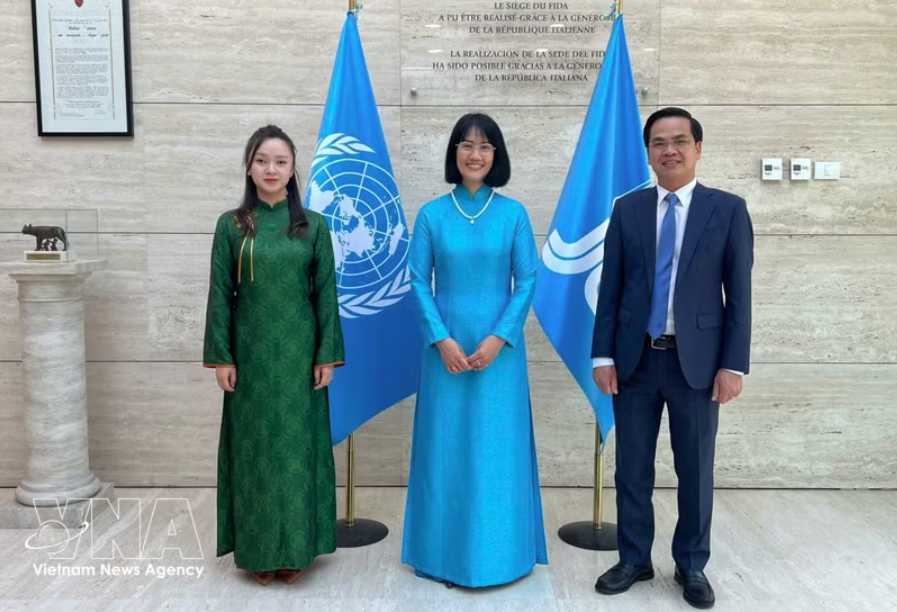 阮芳英大使（中）正式担任越南常驻国际农业发展基金代表。图自越通社