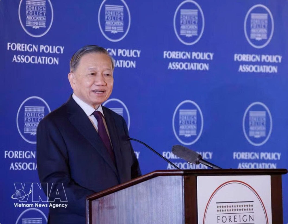 越共中央总书记、国家主席苏林在美国外交政策协会发表政策演讲。图自越通社