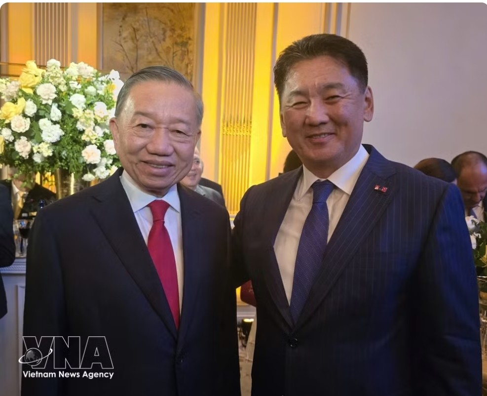 越南共产党中央总书记、国家主席苏林会见蒙古国总统乌赫那·呼日勒苏赫。图自越通社
