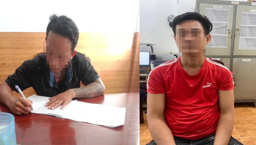 Đối tượng Nguyễn Hoàng Nam và Phạm Ngọc Định đến cơ quan công an xin đầu thú