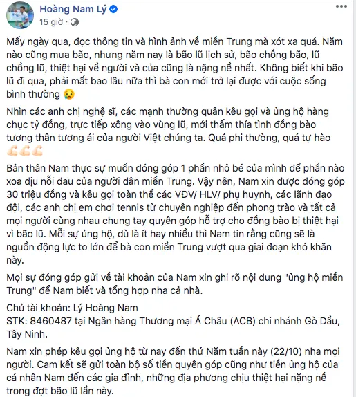 Lý Hoàng Nam chung sức hỗ trợ đồng bào miền Trung bị lũ lụt ảnh 1