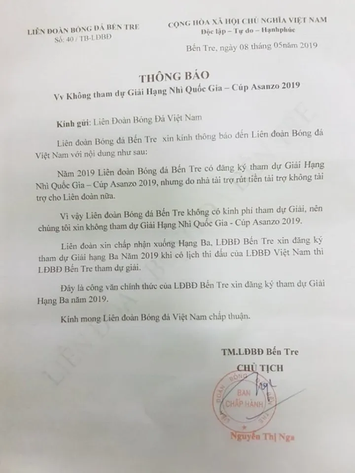 Bến Tre xin không tham dự giải hạng Nhì 2019 ảnh 2