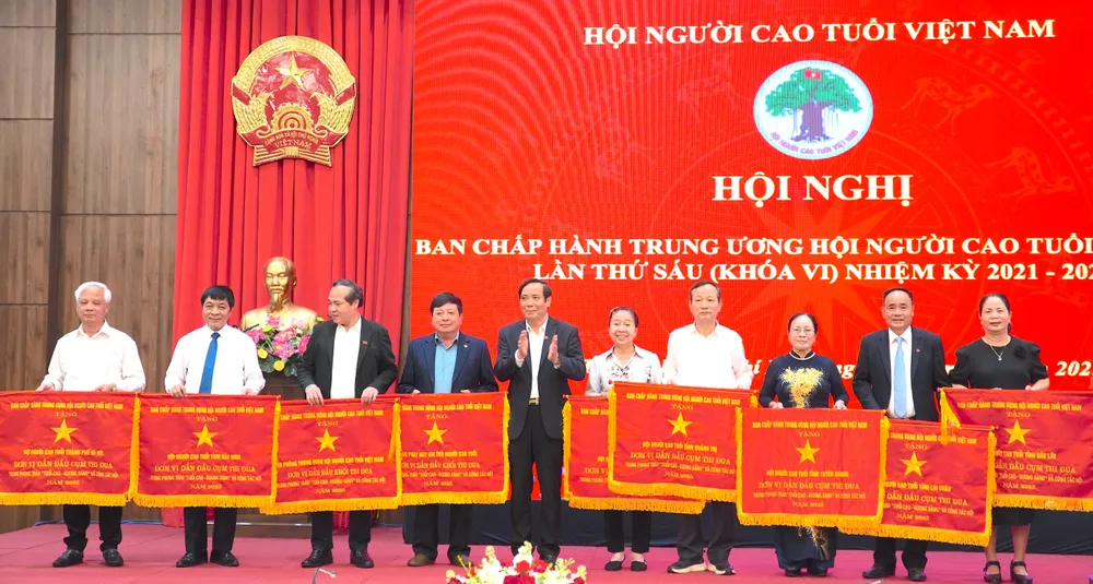 Ông Nguyễn Thanh Bình, Chủ tịch Hội Người cao tuổi Việt Nam trao cờ thi đua cho các tập thể. QUANG HUY