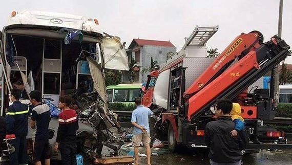 An accident between a bus and a fire engine 