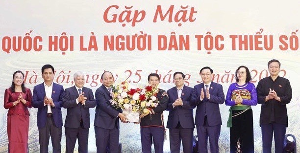 Party and State leaders meet with NA ethnic minority deputies ảnh 1