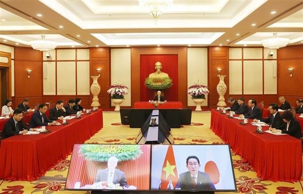 The talks via videoconference between Party General Secretary Nguyen Phu Trong and LDP President and Prime Minister of Japan Kishida Fumio on February 9 (Photo: VNA)