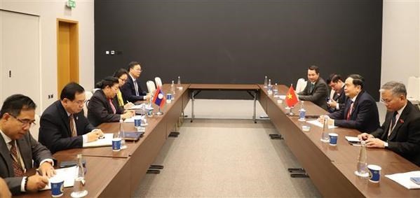 At the meeting between NA Permanent Vice Chairman Tran Thanh Man and his Lao counterpart Sounthone Xayachak on the sidelines of the 146th IPU Assembly in Bahrain. (Photo: VNA)