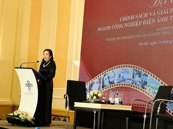 Chairwoman of the Vietnam Association of Film Promotion and Development Ngo Phuong Lan speaks at the workshop. (Photo: VNA)