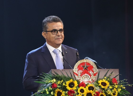 Palestinian Ambassador Saadi Salama, head of the diplomatic delegation, speaks at the celebration. (Photo: SGGP)