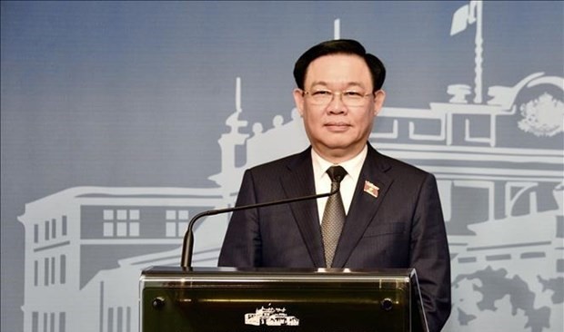 NA Chairman Vuong Dinh Hue at a press conference during his official visit to Bulgaria (Photo: VNA)