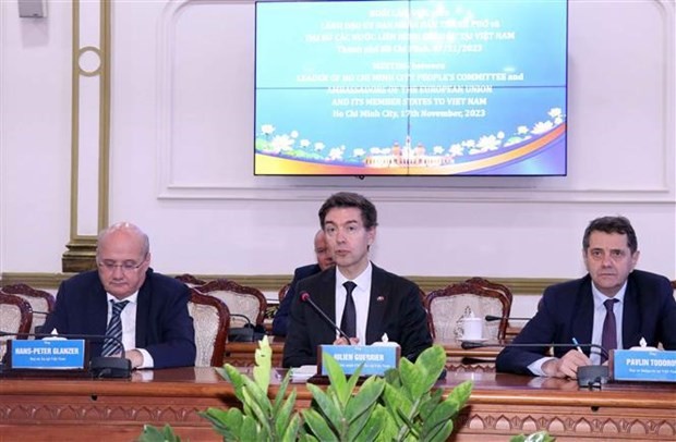 Ambassador Julien Guerrier, Head of the EU Delegation to Vietnam (centre), speaks at the meeting. (Photo: VNA)