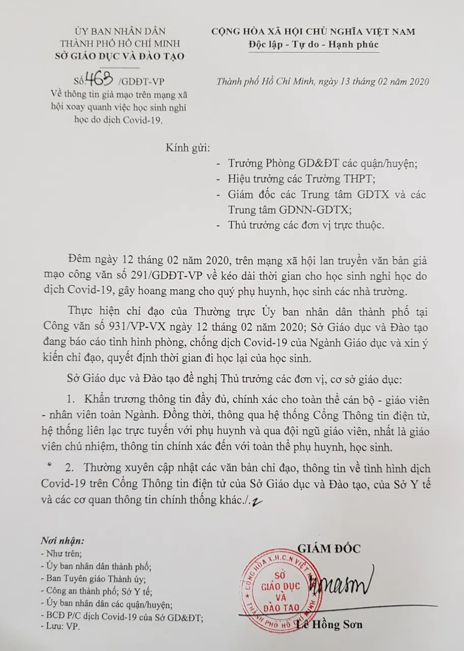 Công an TPHCM vào cuộc điều tra vụ văn bản giả mạo thời gian học sinh đi học lại vì dịch Covid - 19 ảnh 1