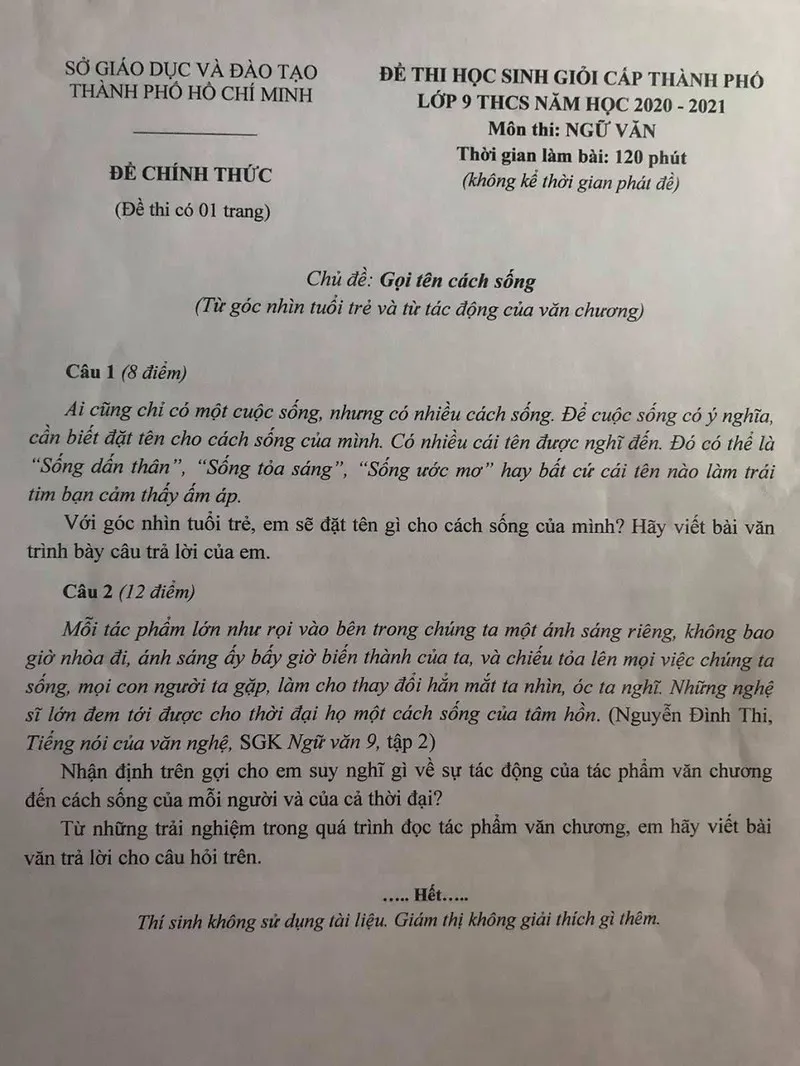 Đề thi học sinh giỏi môn Ngữ văn xoay quanh chủ đề cách sống và sứ mệnh của tuổi trẻ ảnh 1