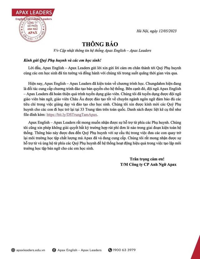 Thông báo của hệ thống Trung tâm Anh ngữ Apax Leaders gửi cho phụ huynh vào chiều tối 12-5 về việc mở cửa trở lại 33 trung tâm