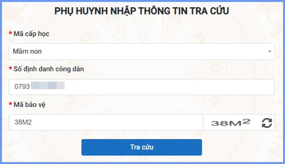 Màn hình thông tin tra cứu ở bậc mầm non