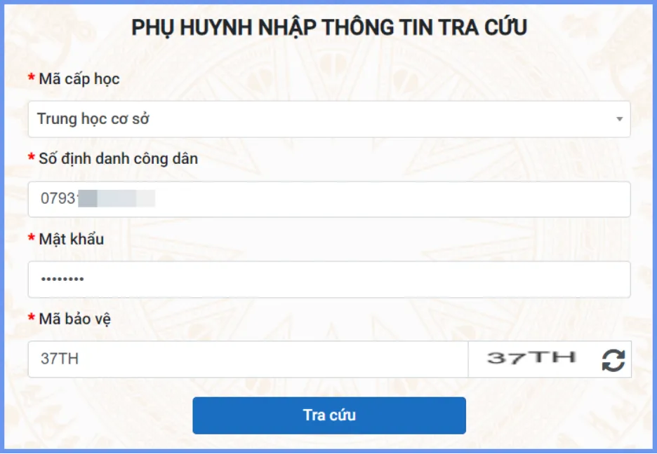 Màn hình thông tin tra cứu cho bậc tiểu học và THCS