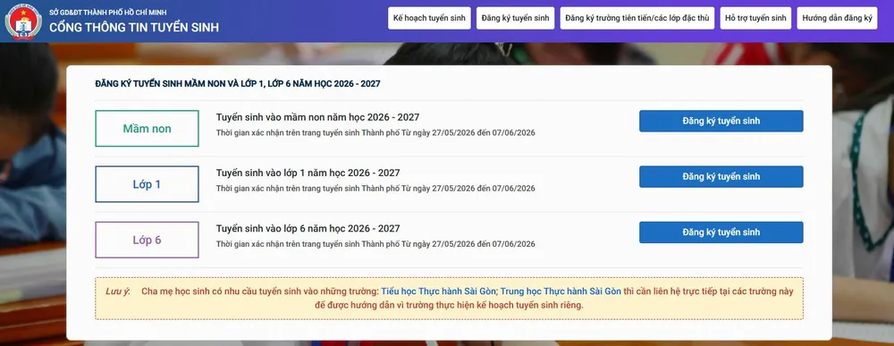 Giao diện cổng đăng ký tuyển sinh đầu cấp năm học 2026-2027 tại TPHCM