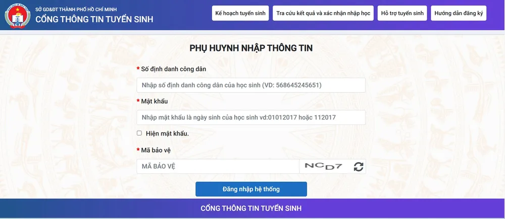 Màn hình đăng nhập hệ thống đăng ký nguyện vọng thay đổi kết quả tuyển sinh